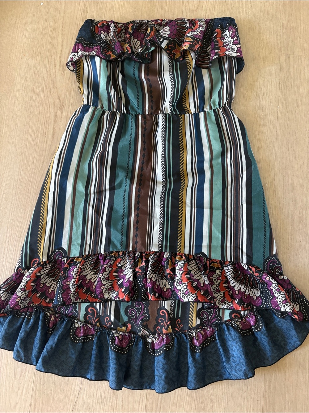 2B Bebe Strapless Boho Stripe Dress in Teal, Brown & Multi
